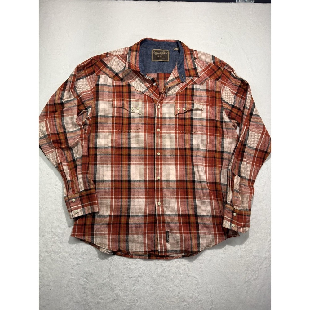 Wrangler Shirt Mens 2XL Orange Plaid Retro Western Pearl Snap Long Sleeve Casual